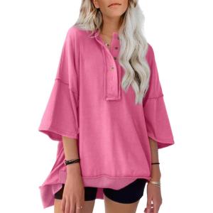 imageSHEWIN Womens Fashion Oversized T Shirts Casual Short Sleeve Reverse Seam Sweatshirt Button Down Summer Tops TeesB Pink