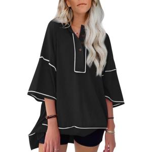 imageSHEWIN Womens Fashion Oversized T Shirts Casual Short Sleeve Reverse Seam Sweatshirt Button Down Summer Tops TeesColor Block Black