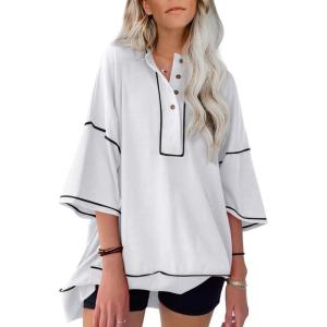 imageSHEWIN Womens Fashion Oversized T Shirts Casual Short Sleeve Reverse Seam Sweatshirt Button Down Summer Tops TeesColor Block White