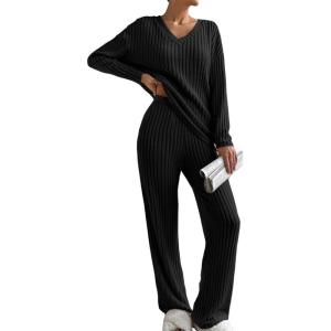 imageSHEWIN Womens Pajama Sets Long Sleeve 2 Piece Lounge Sets Ribbed Knit Sweater SleepwearB Black