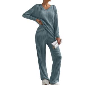 imageSHEWIN Womens Pajama Sets Long Sleeve 2 Piece Lounge Sets Ribbed Knit Sweater SleepwearB Dusk Blue