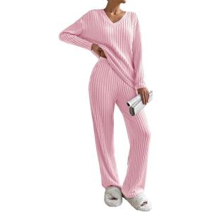 imageSHEWIN Womens Pajama Sets Long Sleeve 2 Piece Lounge Sets Ribbed Knit Sweater SleepwearB Hot Pink