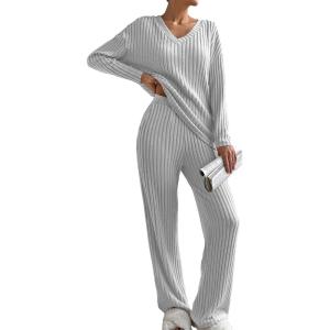 imageSHEWIN Womens Pajama Sets Long Sleeve 2 Piece Lounge Sets Ribbed Knit Sweater SleepwearB Light Grey