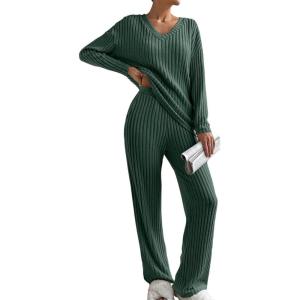 imageSHEWIN Womens Pajama Sets Long Sleeve 2 Piece Lounge Sets Ribbed Knit Sweater SleepwearB Mist Green