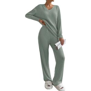 imageSHEWIN Womens Pajama Sets Long Sleeve 2 Piece Lounge Sets Ribbed Knit Sweater SleepwearC Green