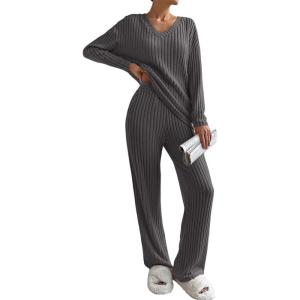 imageSHEWIN Womens Pajama Sets Long Sleeve 2 Piece Lounge Sets Ribbed Knit Sweater SleepwearC Grey