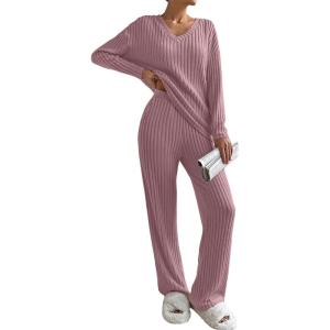 imageSHEWIN Womens Pajama Sets Long Sleeve 2 Piece Lounge Sets Ribbed Knit Sweater SleepwearC Pink