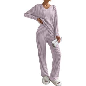 imageSHEWIN Womens Pajama Sets Long Sleeve 2 Piece Lounge Sets Ribbed Knit Sweater SleepwearC Purple