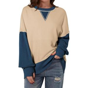 imageSHEWIN Womens Sweatshirt Casual Long Sleeve Crewneck Pullover Sweatshirts Fall Fashion Clothes 2024Khaki