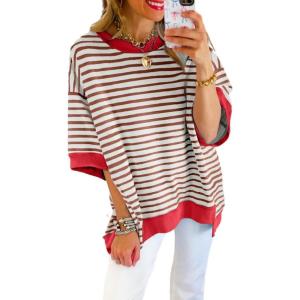 imageSHEWIN Womens Tops Casual Short Sleeve Sweatshirt Striped Shirt Crewneck Pullover T Shirts Loose BlousesBrown Stripe