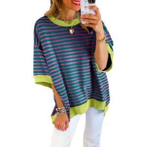 imageSHEWIN Womens Tops Casual Short Sleeve Sweatshirt Striped Shirt Crewneck Pullover T Shirts Loose BlousesPurple Stripe