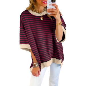 imageSHEWIN Womens Tops Casual Short Sleeve Sweatshirt Striped Shirt Crewneck Pullover T Shirts Loose BlousesRed Dahlia Stripe