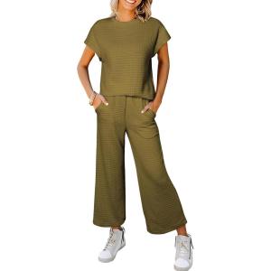 imageSHEWIN Womens Two Piece Spring Outfits Sweatsuits Casual Pullover Tops and Wide Leg Sweatpant Lounge SetsBrown