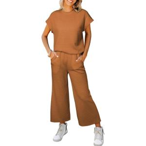 imageSHEWIN Womens Two Piece Spring Outfits Sweatsuits Casual Pullover Tops and Wide Leg Sweatpant Lounge SetsBuckskin