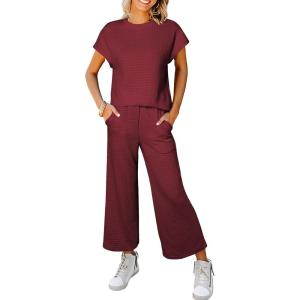 imageSHEWIN Womens Two Piece Spring Outfits Sweatsuits Casual Pullover Tops and Wide Leg Sweatpant Lounge SetsBurgundy
