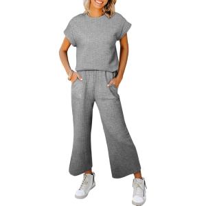 imageSHEWIN Womens Two Piece Spring Outfits Sweatsuits Casual Pullover Tops and Wide Leg Sweatpant Lounge SetsGray