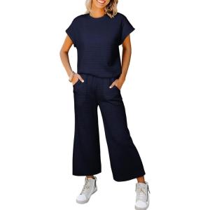 imageSHEWIN Womens Two Piece Spring Outfits Sweatsuits Casual Pullover Tops and Wide Leg Sweatpant Lounge SetsNavy Blue