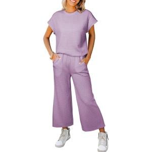 imageSHEWIN Womens Two Piece Spring Outfits Sweatsuits Casual Pullover Tops and Wide Leg Sweatpant Lounge SetsOrchid Petal