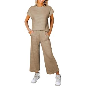 imageSHEWIN Womens Two Piece Spring Outfits Sweatsuits Casual Pullover Tops and Wide Leg Sweatpant Lounge SetsParchment