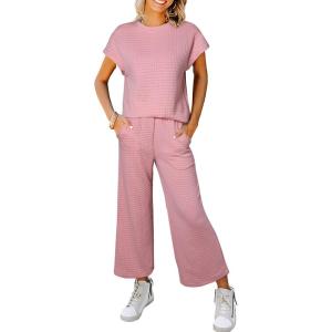 imageSHEWIN Womens Two Piece Spring Outfits Sweatsuits Casual Pullover Tops and Wide Leg Sweatpant Lounge SetsPink