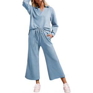 imageSHEWIN 2 Piece Sets for Women Collared V Neck Long Sleeve Polo Shirts Tops Lounge Set Tracksuits SweatsuitsBeau Blue