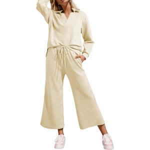 imageSHEWIN 2 Piece Sets for Women Collared V Neck Long Sleeve Polo Shirts Tops Lounge Set Tracksuits SweatsuitsBeige