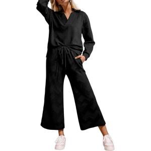 imageSHEWIN 2 Piece Sets for Women Collared V Neck Long Sleeve Polo Shirts Tops Lounge Set Tracksuits SweatsuitsBlack