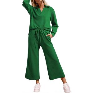imageSHEWIN 2 Piece Sets for Women Collared V Neck Long Sleeve Polo Shirts Tops Lounge Set Tracksuits SweatsuitsGreen