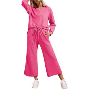 imageSHEWIN 2 Piece Sets for Women Collared V Neck Long Sleeve Polo Shirts Tops Lounge Set Tracksuits SweatsuitsHot Pink