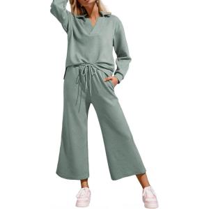imageSHEWIN 2 Piece Sets for Women Collared V Neck Long Sleeve Polo Shirts Tops Lounge Set Tracksuits SweatsuitsLaurel Green
