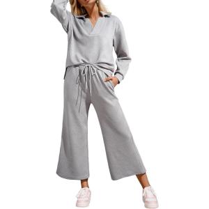 imageSHEWIN 2 Piece Sets for Women Collared V Neck Long Sleeve Polo Shirts Tops Lounge Set Tracksuits SweatsuitsLight Grey