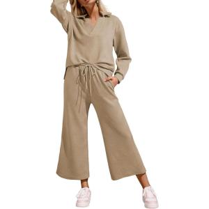 imageSHEWIN 2 Piece Sets for Women Collared V Neck Long Sleeve Polo Shirts Tops Lounge Set Tracksuits SweatsuitsParchment