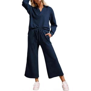 imageSHEWIN 2 Piece Sets for Women Collared V Neck Long Sleeve Polo Shirts Tops Lounge Set Tracksuits SweatsuitsSail Blue
