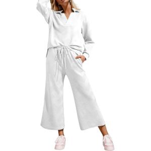 imageSHEWIN 2 Piece Sets for Women Collared V Neck Long Sleeve Polo Shirts Tops Lounge Set Tracksuits SweatsuitsWhite