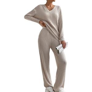 imageSHEWIN 2 piece fall sets for women Lounge Sets Long Sleeve matching set women clothing pj set fall clothes Khaki L