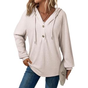 imageSHEWIN Sweaters For Women Causal V Neck Hooded Sweater Lightweight Knit Long Sleeve Fall TopsApricot