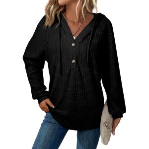 imageSHEWIN Sweaters For Women Causal V Neck Hooded Sweater Lightweight Knit Long Sleeve Fall TopsBlack