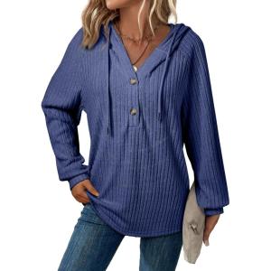 imageSHEWIN Sweaters For Women Causal V Neck Hooded Sweater Lightweight Knit Long Sleeve Fall TopsDark Blue