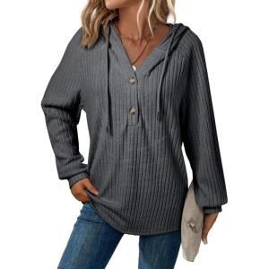 imageSHEWIN Sweaters For Women Causal V Neck Hooded Sweater Lightweight Knit Long Sleeve Fall TopsDark Grey