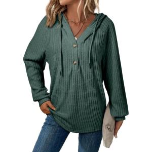 imageSHEWIN Sweaters For Women Causal V Neck Hooded Sweater Lightweight Knit Long Sleeve Fall TopsGreen