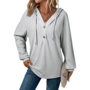 imageSHEWIN Sweaters For Women Causal V Neck Hooded Sweater Lightweight Knit Long Sleeve Fall TopsGrey