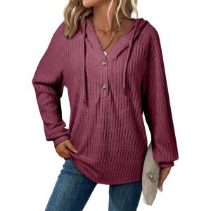 imageSHEWIN Sweaters For Women Causal V Neck Hooded Sweater Lightweight Knit Long Sleeve Fall TopsRed
