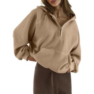 imageSHEWIN Women Casual Long Sleeve V Neck Half Zip Corduroy Hoodies SXXLBeige