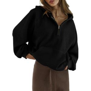 imageSHEWIN Women Casual Long Sleeve V Neck Half Zip Corduroy Hoodies SXXLBlack