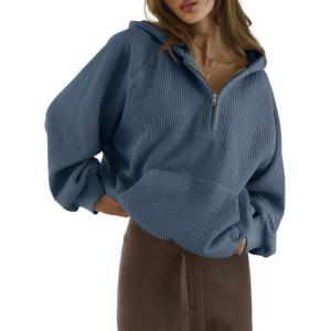 imageSHEWIN Women Casual Long Sleeve V Neck Half Zip Corduroy Hoodies SXXLBlue