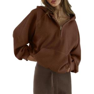 imageSHEWIN Women Casual Long Sleeve V Neck Half Zip Corduroy Hoodies SXXLBrown