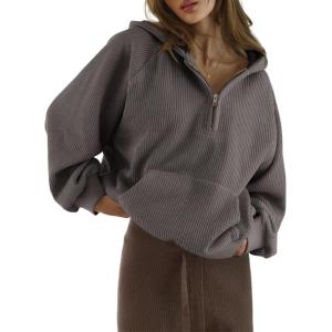 imageSHEWIN Women Casual Long Sleeve V Neck Half Zip Corduroy Hoodies SXXLGray