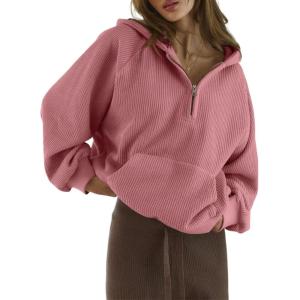 imageSHEWIN Women Casual Long Sleeve V Neck Half Zip Corduroy Hoodies SXXLPink