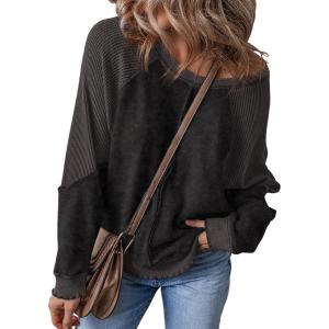 imageSHEWIN Womens Fashion Waffle Knit Sweatshirt Casual Crewneck Long Sleeve Reverse Seam Oversized Pullover SweatshirtsBlack