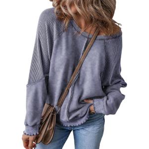 imageSHEWIN Womens Fashion Waffle Knit Sweatshirt Casual Crewneck Long Sleeve Reverse Seam Oversized Pullover SweatshirtsBlue